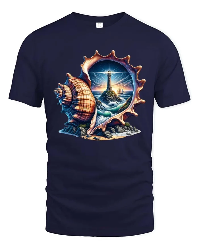 Lighthouse Seashell Tshirt Ocean Coastal Scenic Art Graphic - navy t-shirt on white background