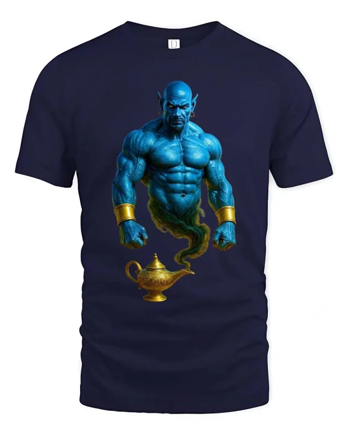 Powerful Genie Lamp Tshirt Fantasy Magic Muscle Graphic Tee - navy t-shirt on white background