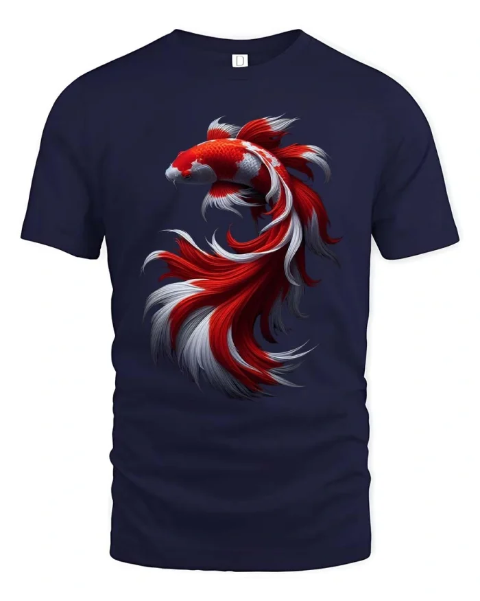 Elegant Koi Fish Tshirt Red White Flowing Art Graphic Tee - navy t-shirt on white background
