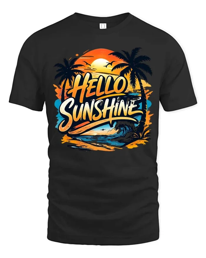 Hello Sunshine Beach Vibes Graphic T Shirt Summer Mood Tee - black t-shirt on white background