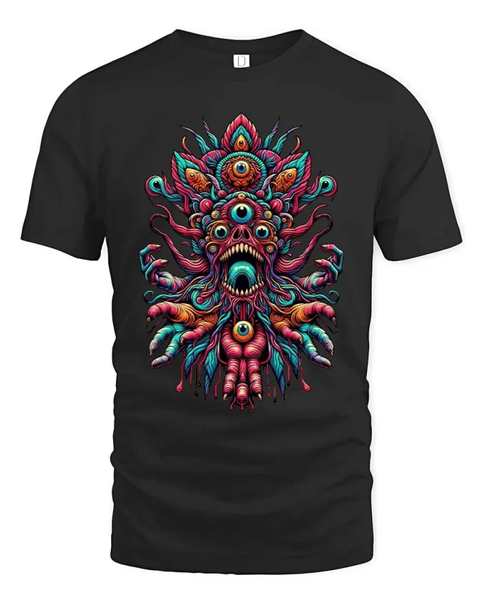 Psychedelic Multi Eye Monster Graphic T Shirt Trippy Art Tee - black t-shirt on white background