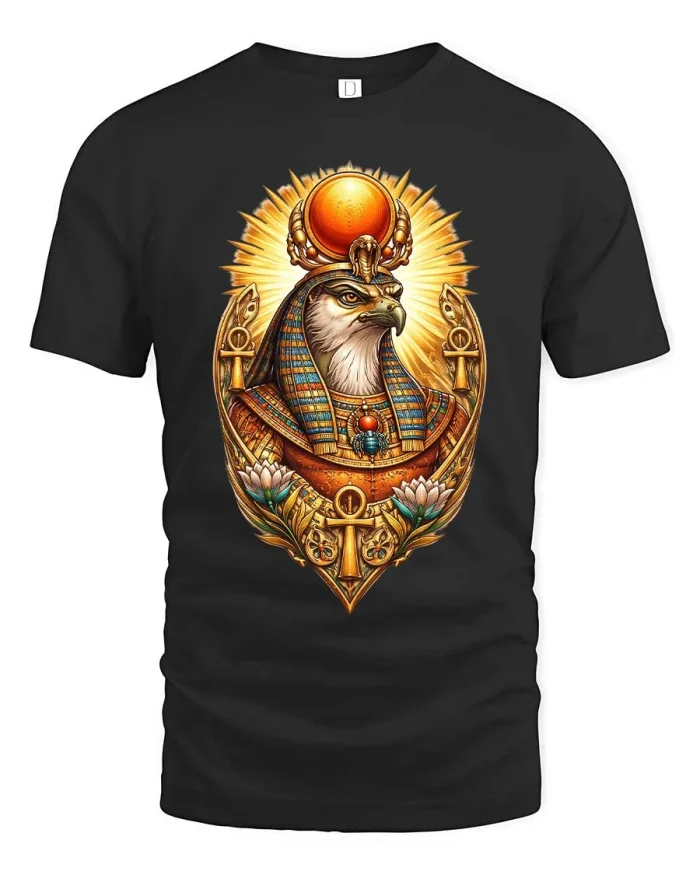 Egyptian Falcon God Ra Graphic T Shirt Ancient Mythology Tee - black t-shirt on white background