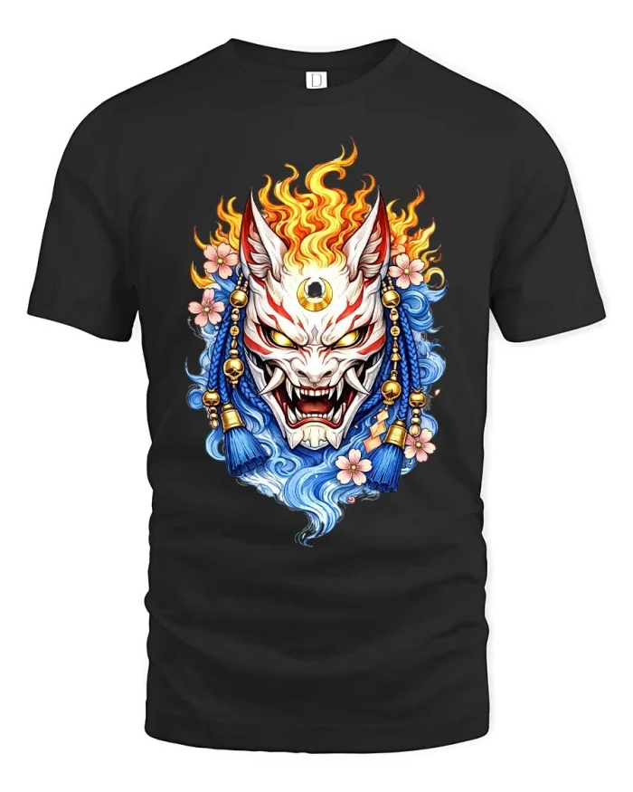 Japanese Kitsune Fox Mask Flame Graphic T Shirt Mythical Tee - black t-shirt on white background