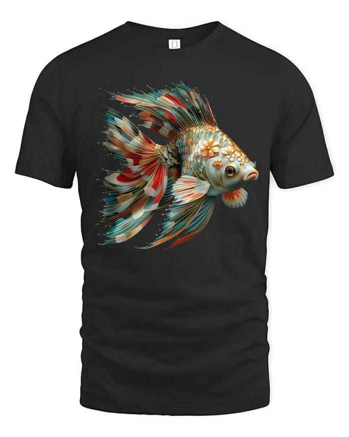 Elegant Koi Fish Floral Art Graphic T Shirt Japanese Style Tee - black t-shirt on white background