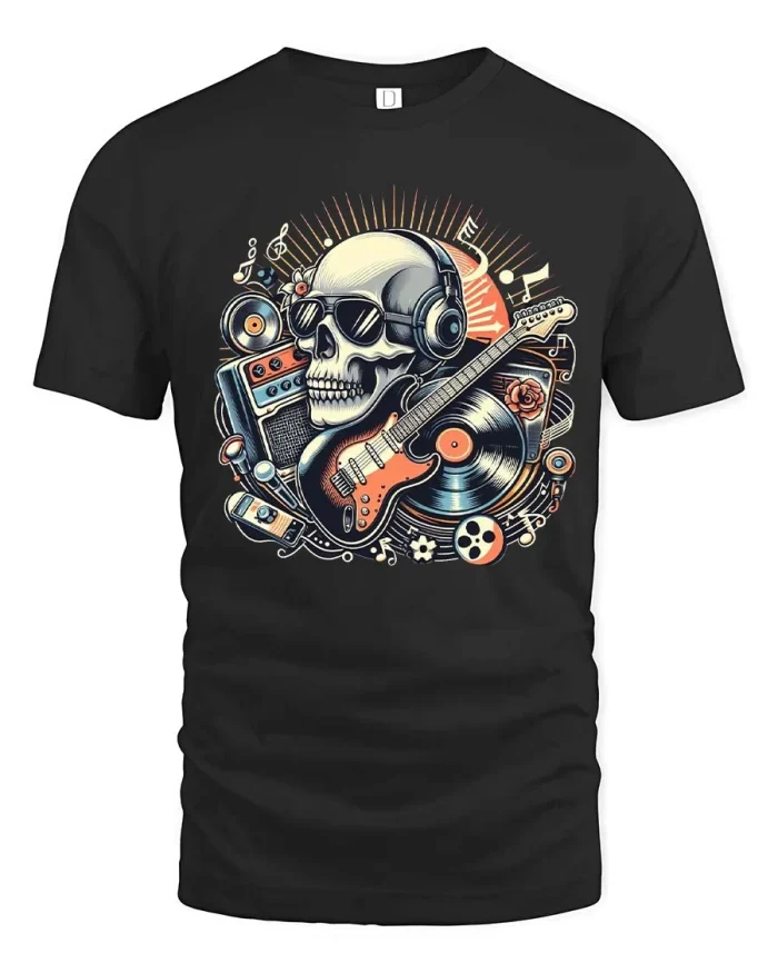 Rock Music Skull Headphones Guitar Graphic T Shirt Vintage Tee - black t-shirt on white background