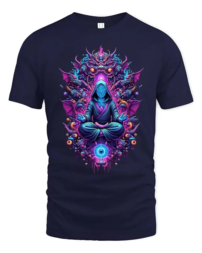 Psychedelic Meditation Cosmic Energy Graphic T Shirt Trippy Tee - navy t-shirt on white background