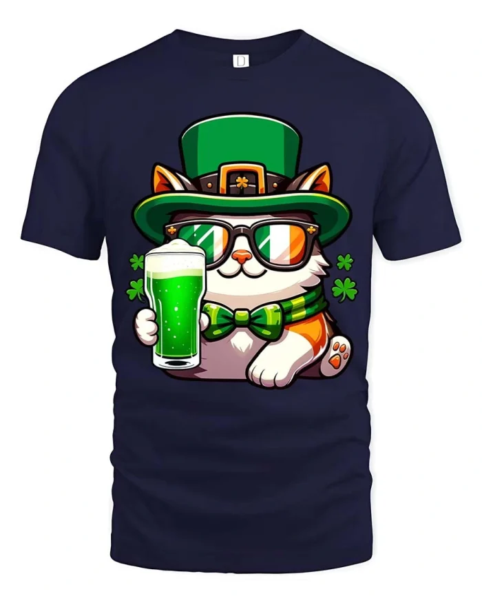 Funny Irish Cat Beer Graphic T Shirt St Patricks Day Cute Tee - navy t-shirt on white background