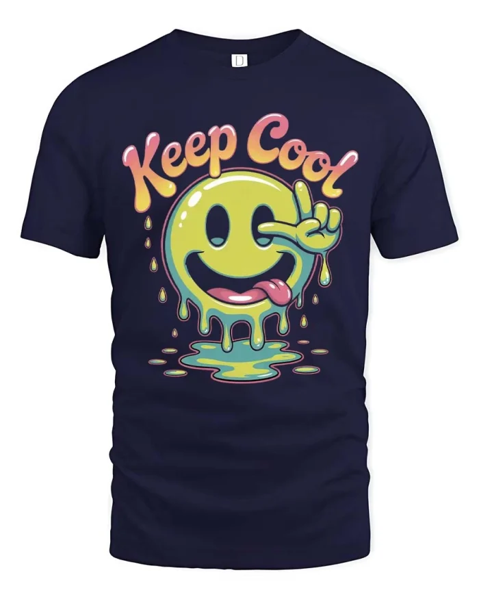 Keep Cool Smiley Face Graphic T Shirt Funny Drip Style Cool Tee - navy t-shirt on white background