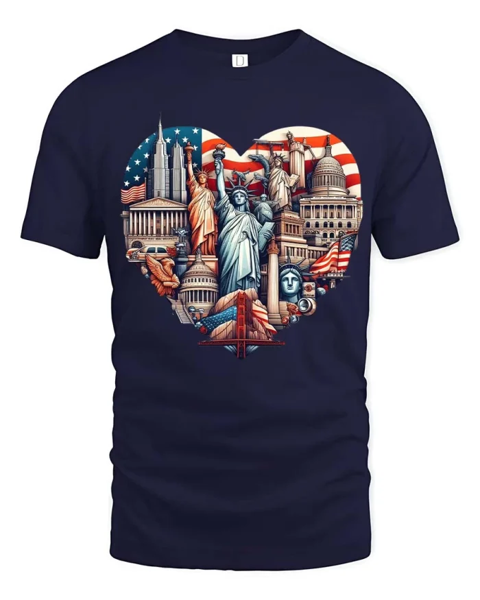 USA Landmarks Heart Graphic T Shirt Patriotic America Pride Tee - navy t-shirt on white background