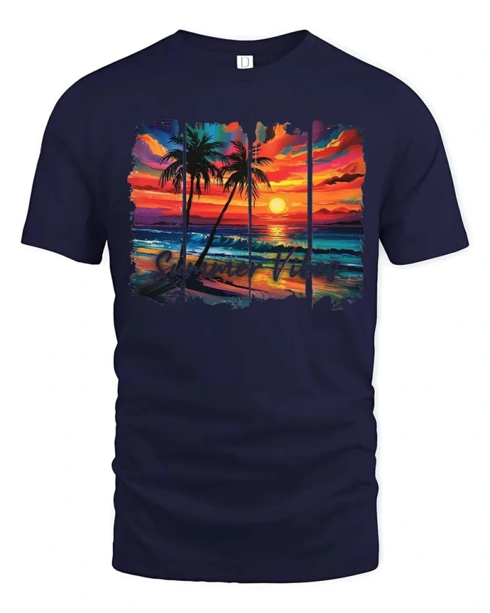 Summer Vibes Sunset Beach Palm Trees Graphic T Shirt Tropical Tee - navy t-shirt on white background
