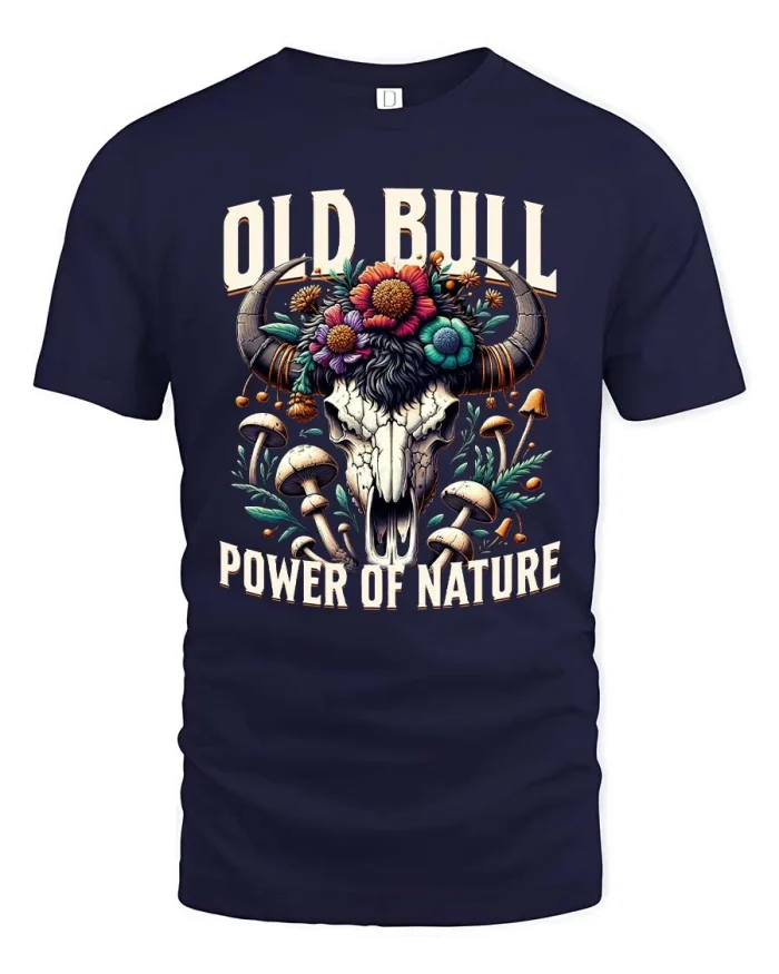 Old Bull Power Of Nature Skull Graphic T Shirt Western Style Tee - navy t-shirt on white background