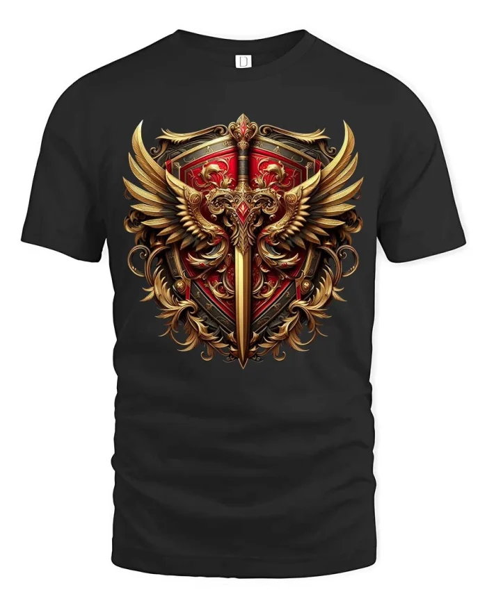 Golden Winged Sword Crest T Shirt Bold Royal Armor Graphic Tee - black t-shirt on white background