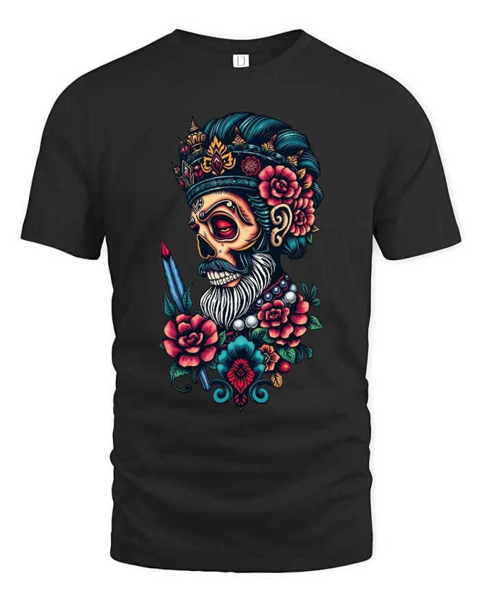 Floral Skull King T Shirt Day Of The Dead Artistic Graphic Tee - black t-shirt on white background