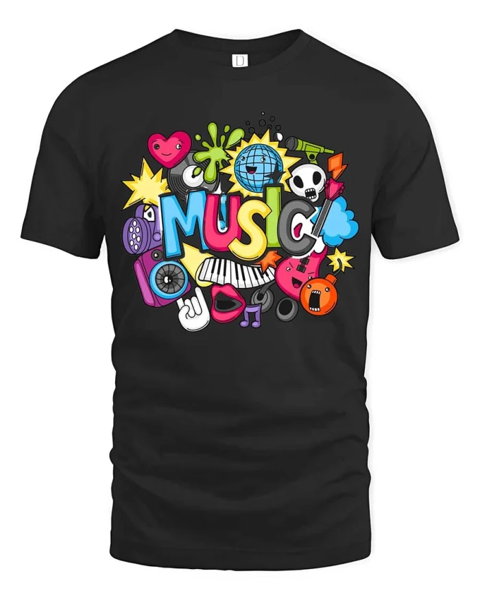 Colorful Music Doodle T Shirt Fun Cartoon Sound Graphic Tee - black t-shirt on white background