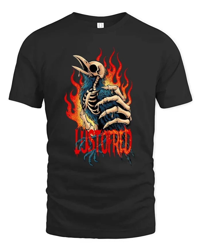 Lost Bird Skeleton Flame T Shirt Dark Gothic Horror Graphic Tee - black t-shirt on white background
