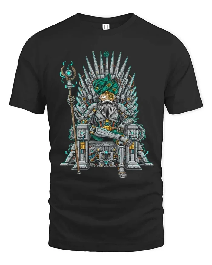 Cyber Wizard King Throne T Shirt Futuristic Fantasy Graphic Tee - black t-shirt on white background