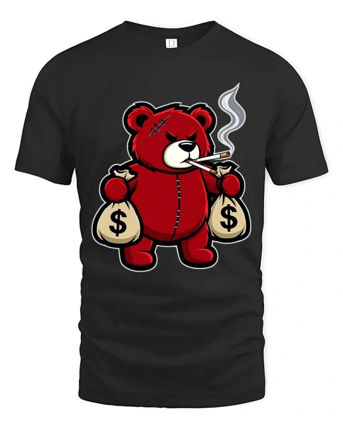 Money Hustler Bear T Shirt Funny Gangster Cartoon Graphic Tee - black t-shirt on white background