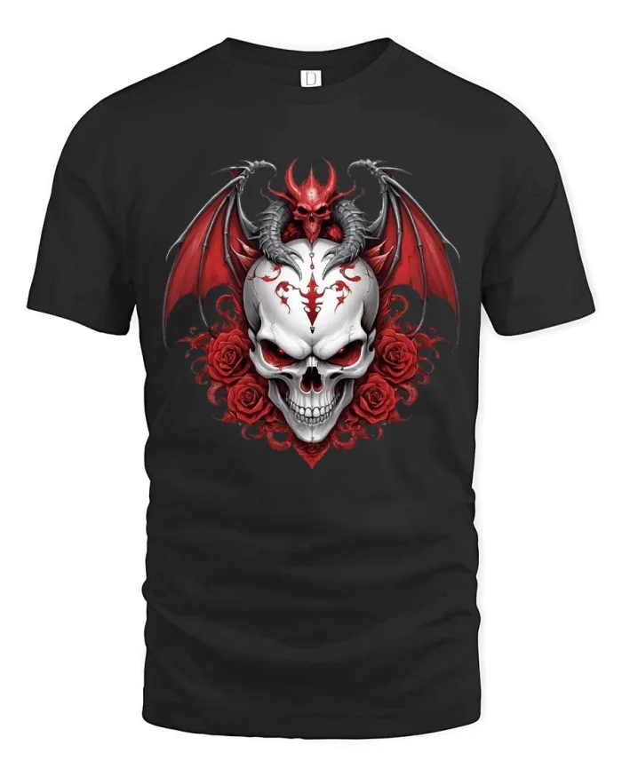 Red Dragon Skull Rose T Shirt Gothic Dark Fantasy Graphic Tee - black t-shirt on white background