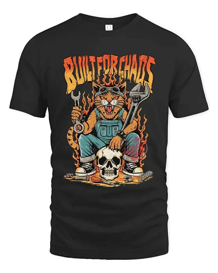 Built For Chaos Cat Mechanic T Shirt Funny Skull Graphic Tee - black t-shirt on white background