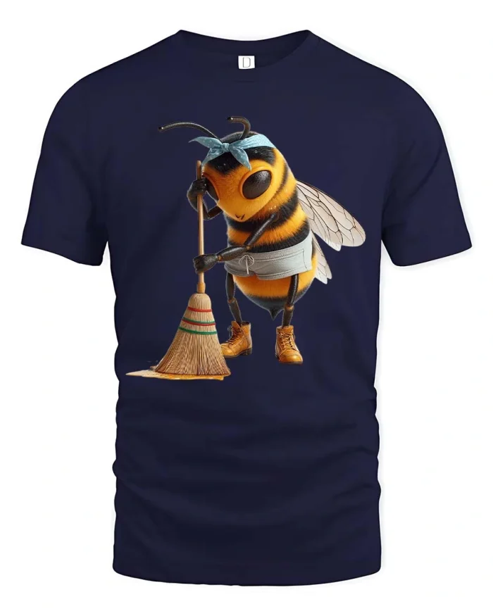 Cute Busy Bee Cleaning T Shirt Funny Worker Cartoon Graphic Tee - navy t-shirt on white background