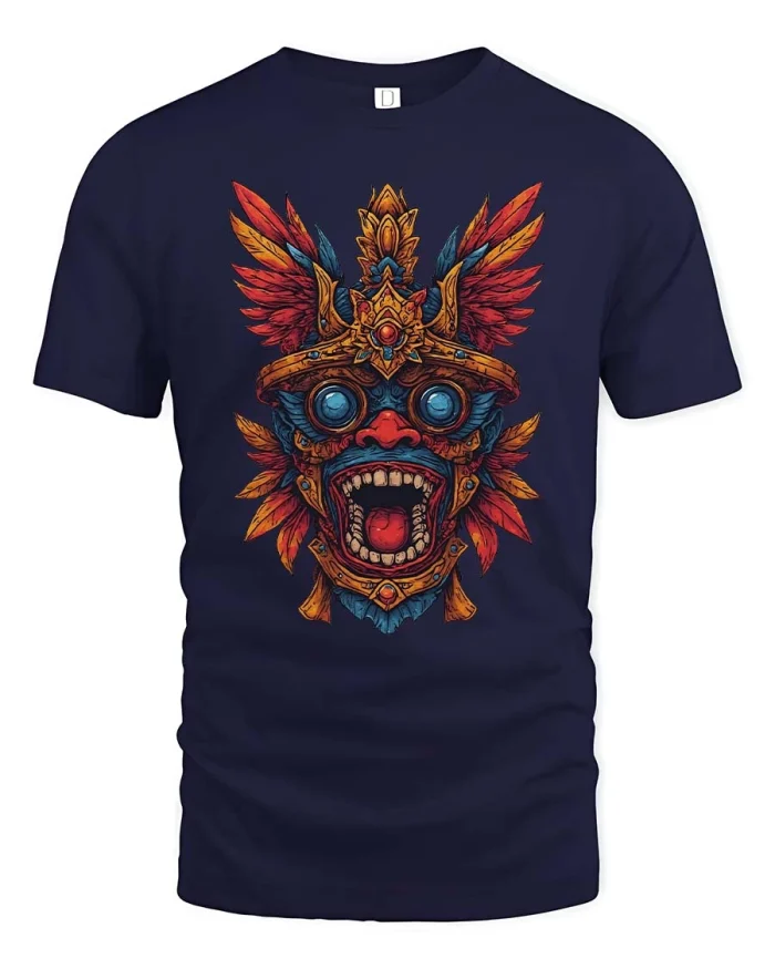 Tribal Mask Spirit T Shirt Colorful Mythical Art Graphic Tee - navy t-shirt on white background