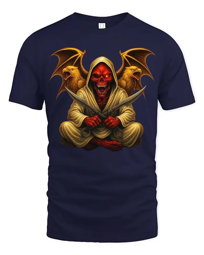 Demon Reaper Dual Blade T Shirt Dark Fantasy Graphic Tee - navy t-shirt on white background