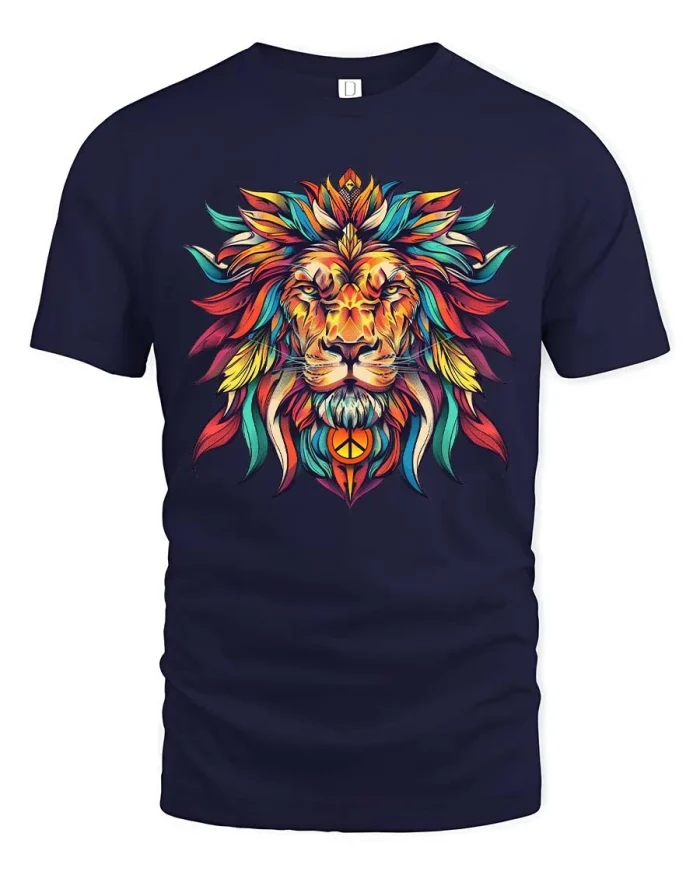 Colorful Lion Head Peace Symbol T Shirt Vibrant Artistic Graphic Tee - navy t-shirt on white background