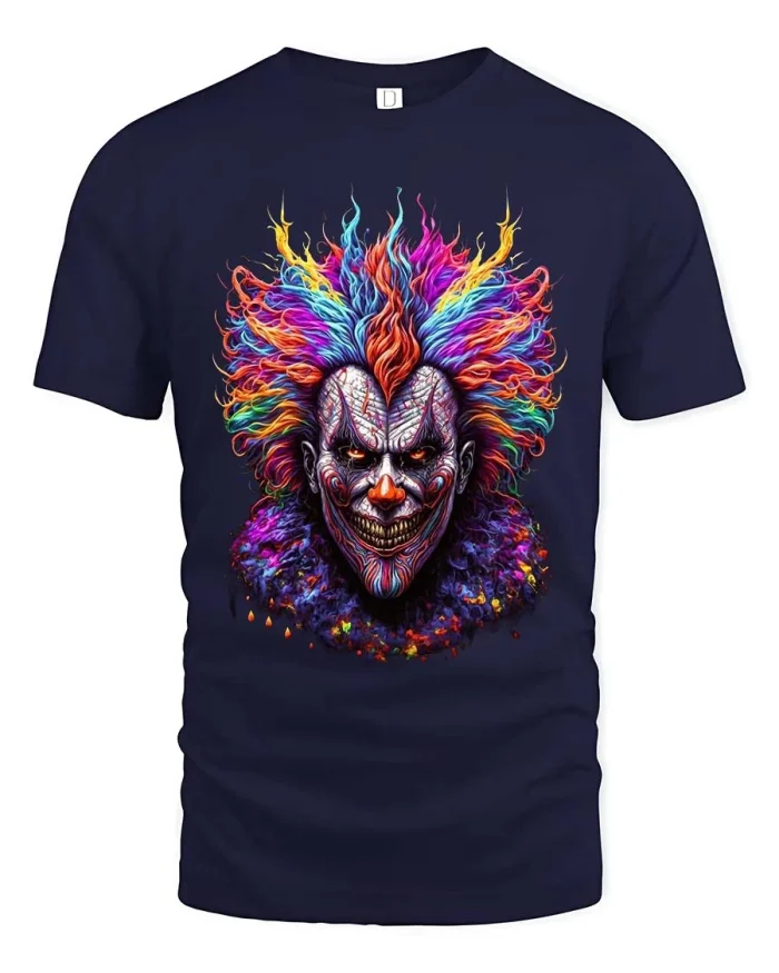 Crazy Colorful Evil Clown T Shirt Horror Art Graphic Tee - navy t-shirt on white background