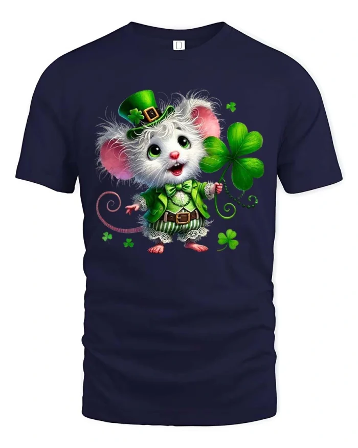 Cute Lucky Mouse Clover T Shirt Funny St Patrick Graphic Tee - navy t-shirt on white background