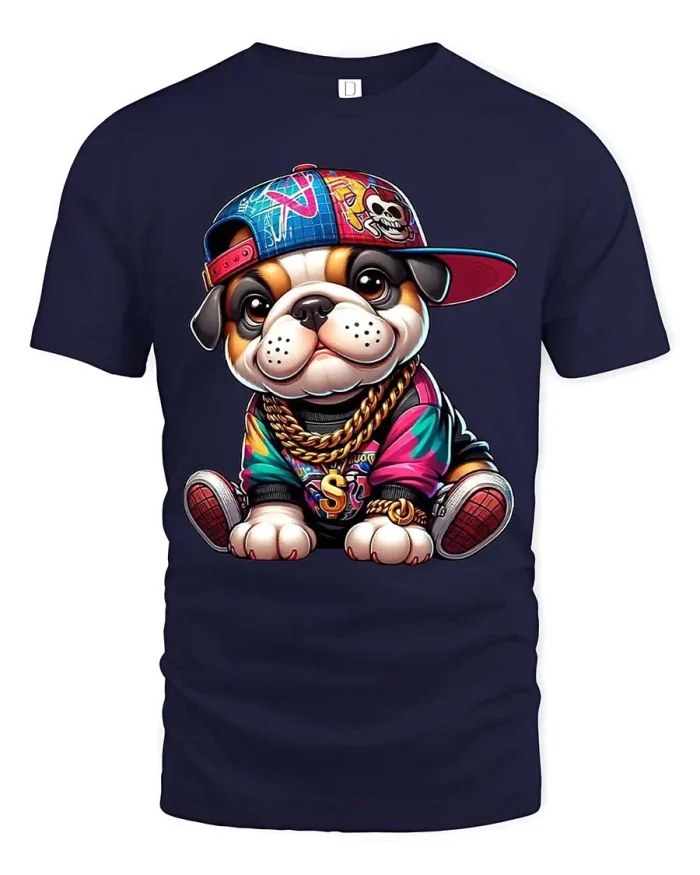 Cute Hip Hop Bulldog T Shirt Funny Streetwear Puppy Graphic Tee - navy t-shirt on white background