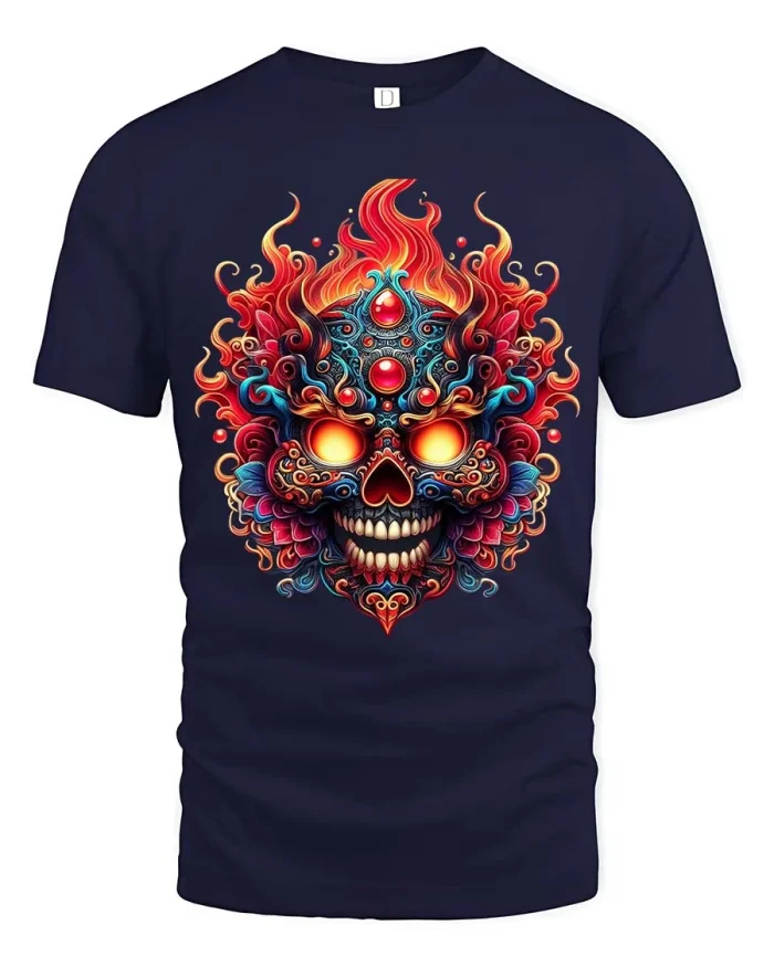 Fiery Ornate Skull T Shirt Colorful Gothic Flame Graphic Tee - navy t-shirt on white background