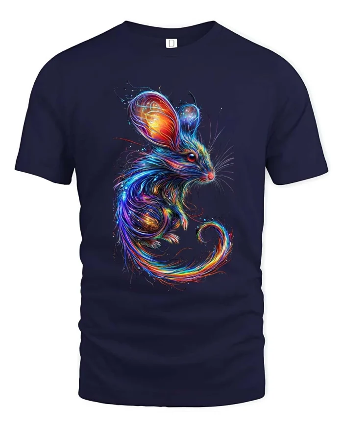 Neon Color Mouse Art T Shirt Vibrant Abstract Animal Graphic Tee - navy t-shirt on white background