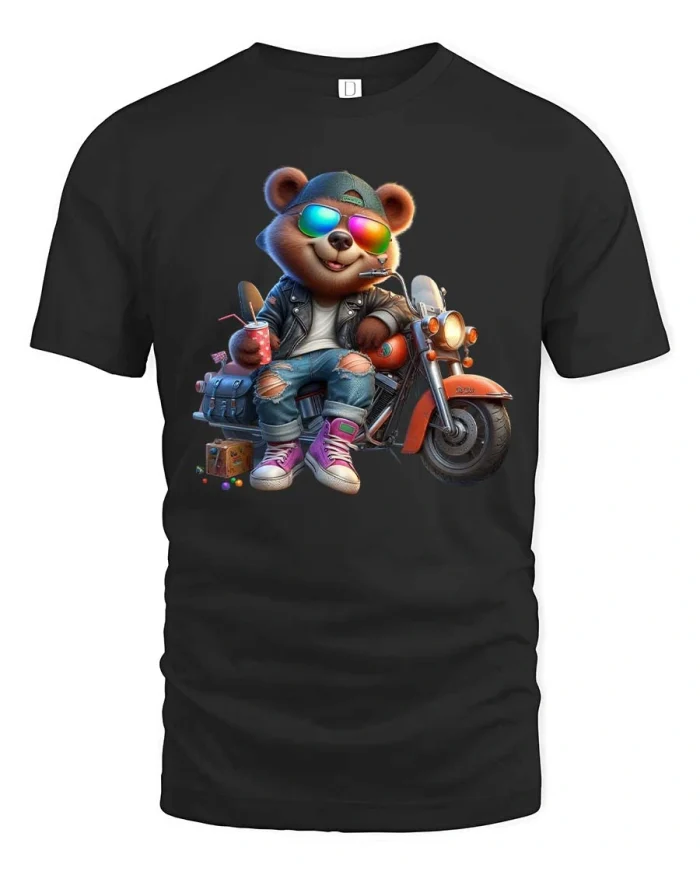 Cool Biker Bear Sunglasses Motorcycle Graphic T Shirt Style - black t-shirt on white background