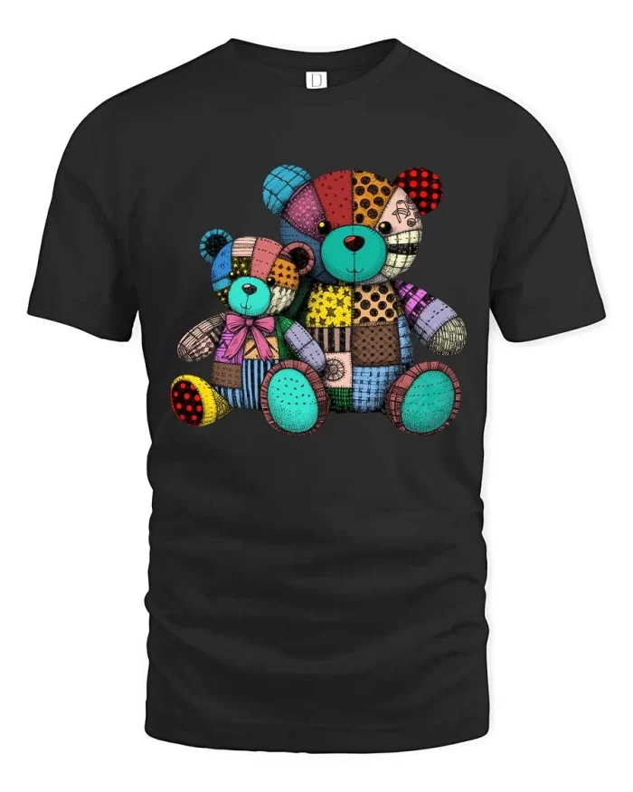 Colorful Patchwork Teddy Bear Cute Vintage Style T Shirt - black t-shirt on white background