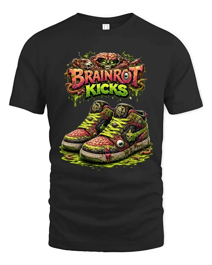 Brainrot Kicks Zombie Sneaker Horror Graphic T Shirt - black t-shirt on white background