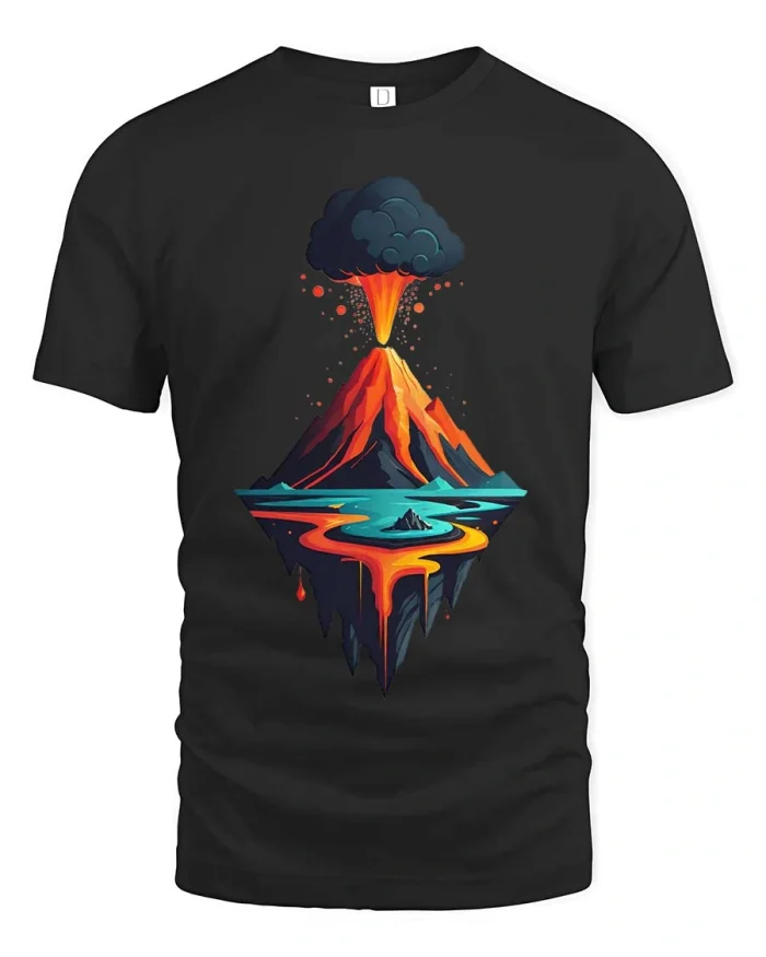 Floating Volcano Lava Island Surreal Art Graphic T Shirt - black t-shirt on white background