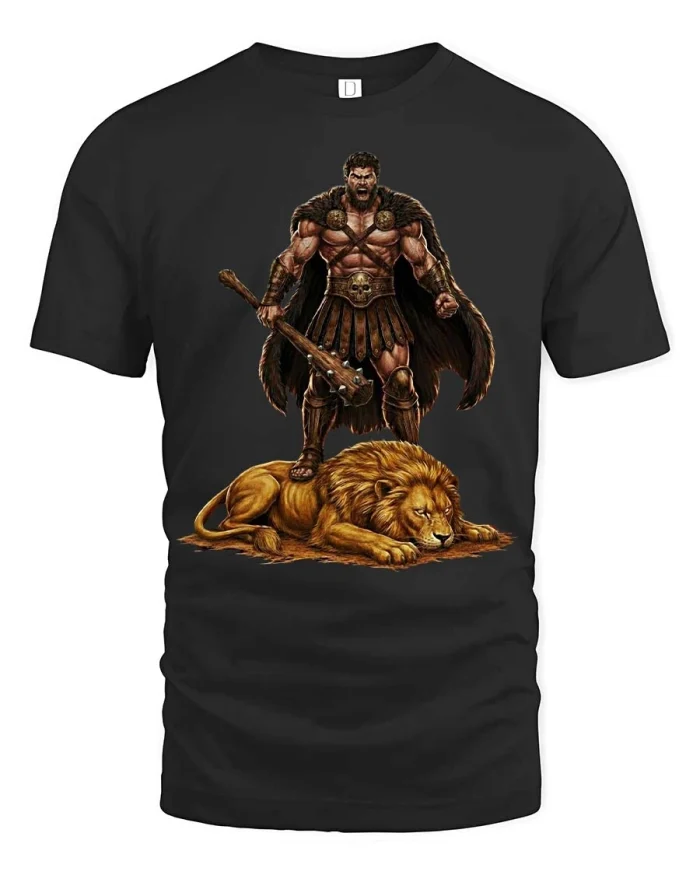 Mighty Warrior Standing On Lion Epic Fantasy T Shirt Art - black t-shirt on white background