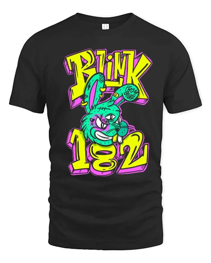 Blink 182 Neon Bunny Punk Rock Graphic T Shirt Style - black t-shirt on white background