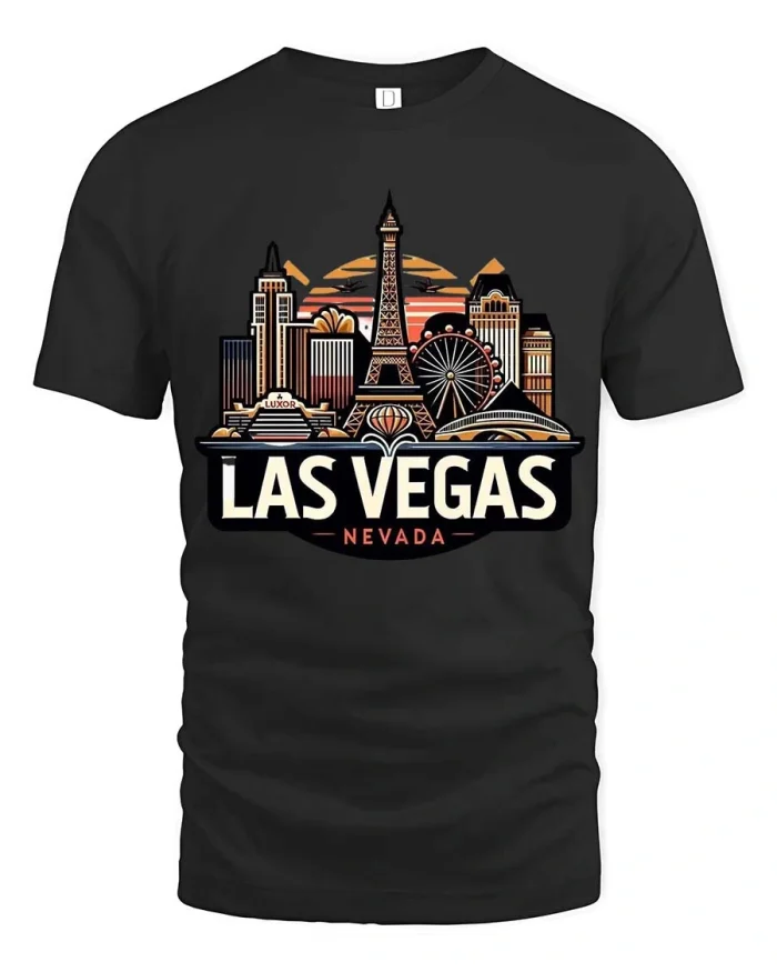 Las Vegas Nevada Skyline Retro Sunset Travel Graphic T Shirt - black t-shirt on white background