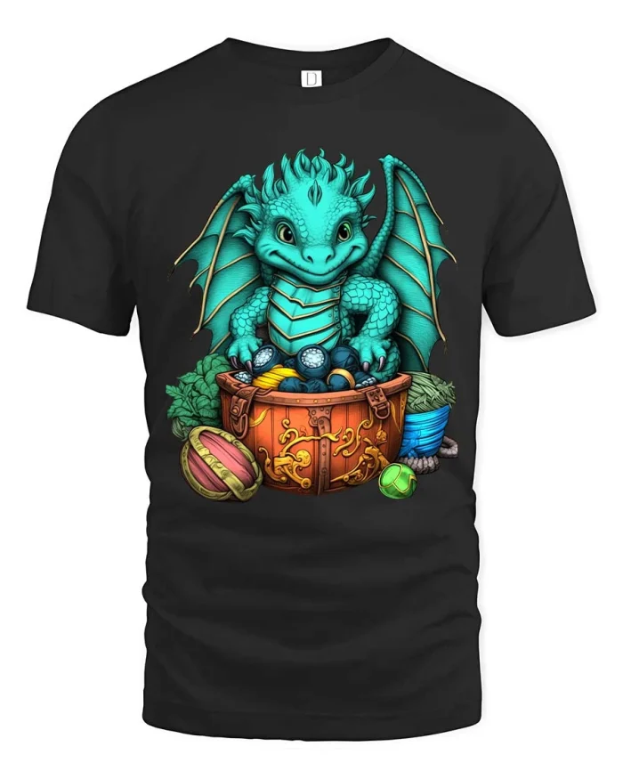 Cute Baby Dragon Treasure Chest Fantasy Graphic T Shirt - black t-shirt on white background