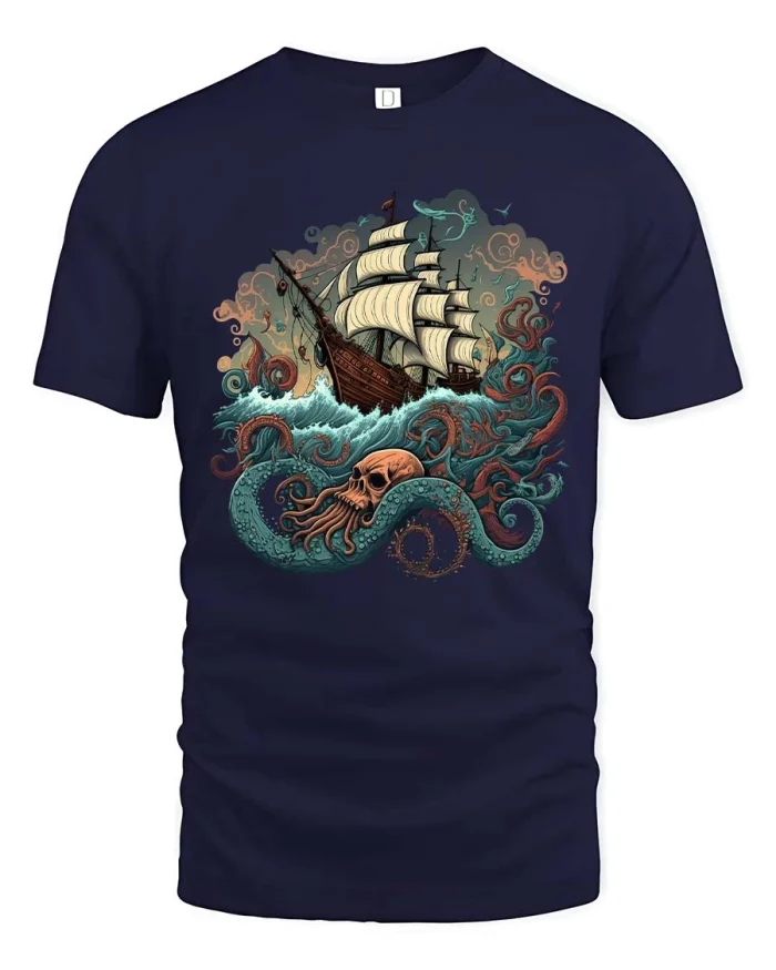 Pirate Ship Kraken Sea Monster Vintage Ocean T Shirt - navy t-shirt on white background