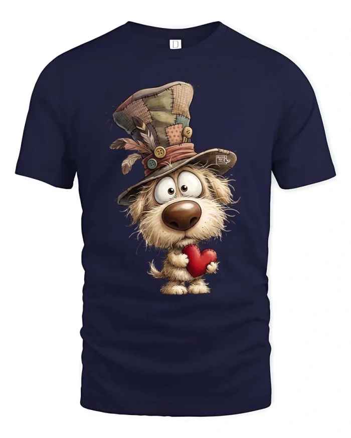Cute Dog With Heart Whimsical Cartoon Graphic T Shirt - navy t-shirt on white background