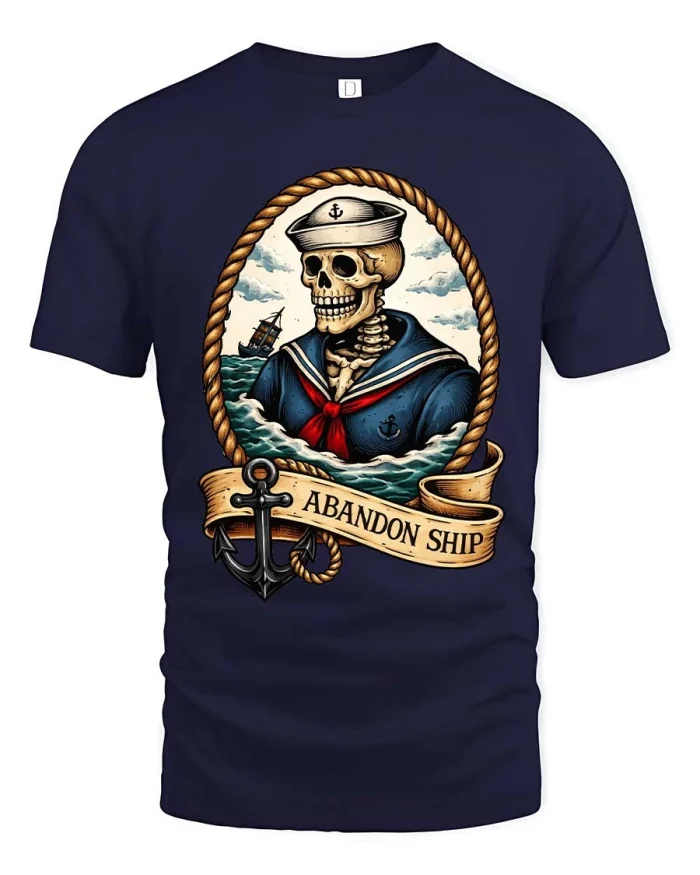 Skeleton Sailor Abandon Ship Vintage Nautical T Shirt - navy t-shirt on white background
