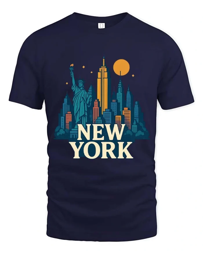 New York Skyline Statue Liberty Retro City Graphic T Shirt - navy t-shirt on white background