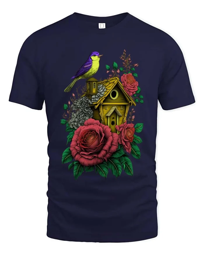 Birdhouse Floral Garden Bird Vintage Nature Graphic T Shirt - navy t-shirt on white background