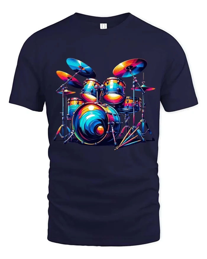 Colorful Drum Set Music Lover Vibrant Graphic T Shirt - navy t-shirt on white background