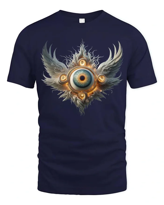 Mystic Eye Wings Surreal Spiritual Graphic T Shirt Art - navy t-shirt on white background