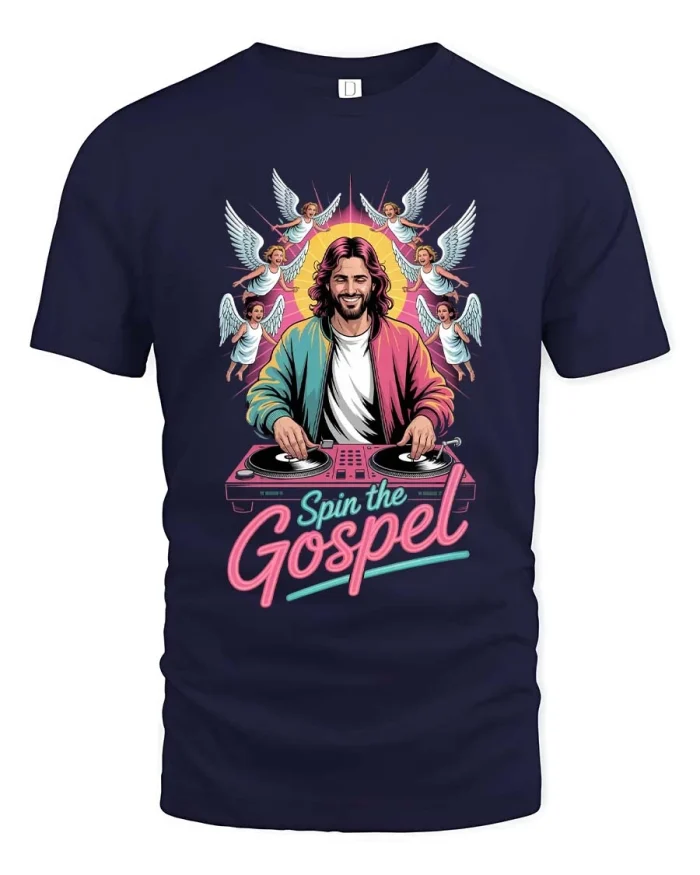 Spin The Gospel DJ Jesus Funny Christian Graphic T Shirt - navy t-shirt on white background