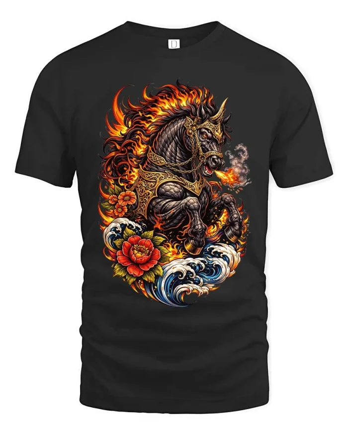 Flaming War Horse Samurai Graphic T Shirt Bold Art - black t-shirt on white background