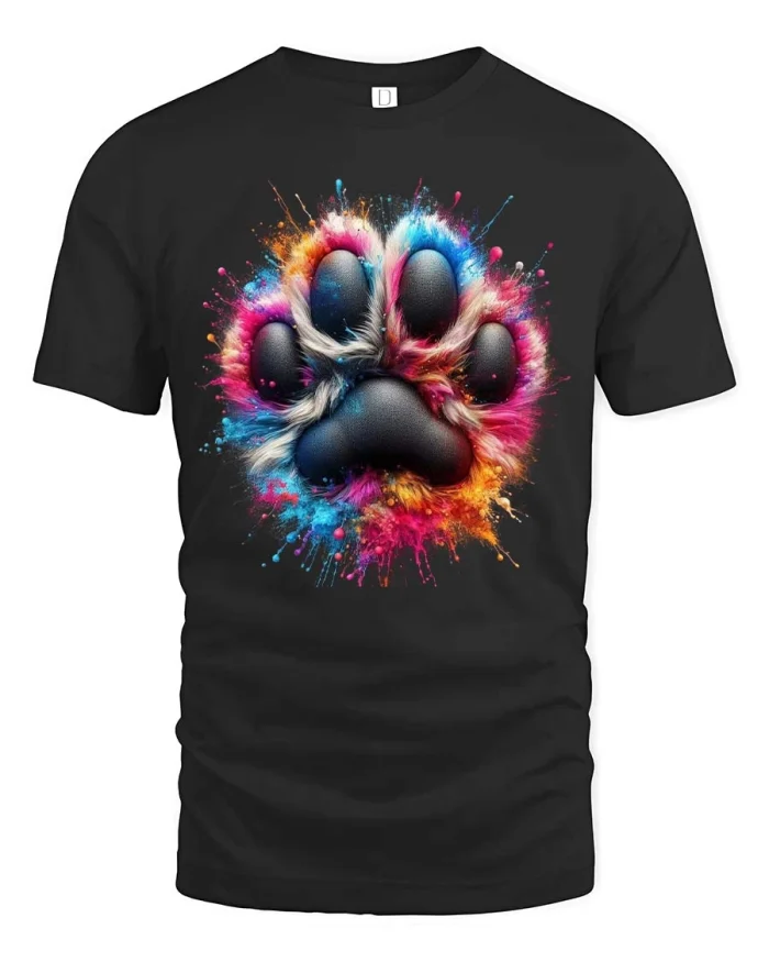 Colorful Paw Print Graphic T Shirt Cute Pet Lover Art Style - black t-shirt on white background